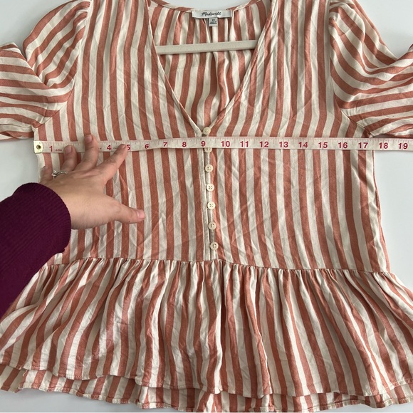 Madewell size XS striped short sleeve button front peplum top - Picture 7 of 8